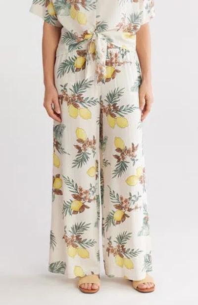 Renee C Lemon Print Wide Leg Pants In Taupe