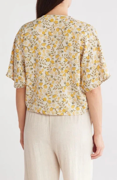 Renee C Lemon Print Tie Front Top In Taupe