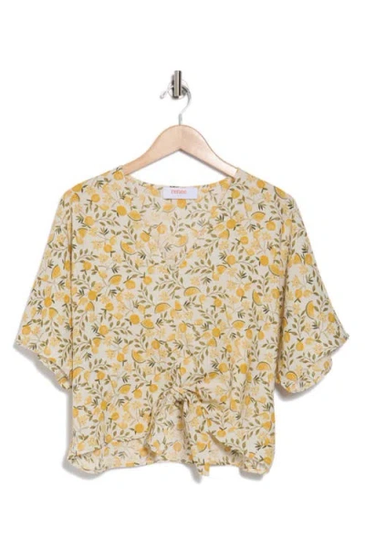 Renee C Lemon Print Tie Front Top In Taupe