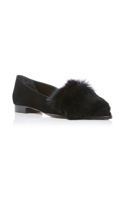 Alexandre Birman Suede Ballerina Flat W/rabbit Fur Trim In Black