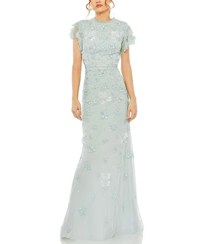 Mac Duggal Floral Embellished High Neck Flutter Sleeve Gown In Periwinkle
