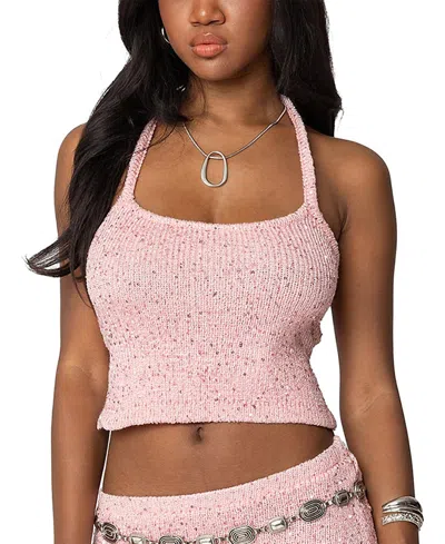 Edikted Shaylee Sequin Knit Backless Crop Top In Light Pink
