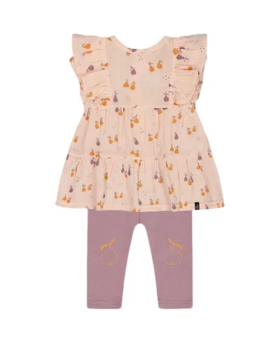 Deux Par Deux Baby Girl's Printed Muslin Tunic And Organic Cotton Legging Set Peach With Pears And P In Peach With Pears Print