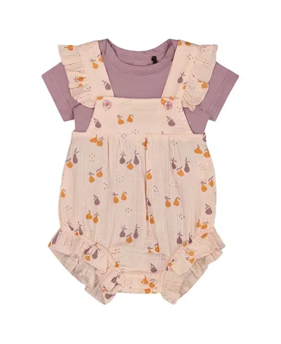 Deux Par Deux Baby Girl's Printed Muslin Shortall And Organic Cotton Bodysuit Set Peach With Pears In Peach With Pears Print