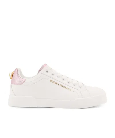 Dolce & Gabbana Women Portofino Leather Low-top Sneakers With Lateral Lettering Logo In White
