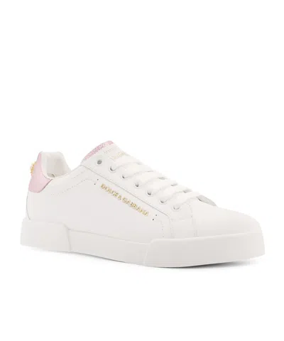 Dolce & Gabbana Women Portofino Leather Low-top Sneakers With Lateral Lettering Logo In White