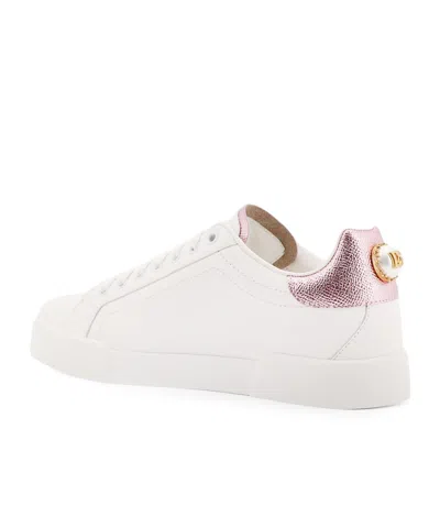 Dolce & Gabbana Women Portofino Leather Low-top Sneakers With Lateral Lettering Logo In White