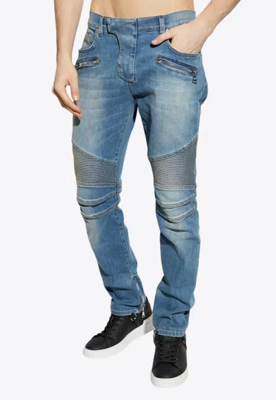 Balmain Slim-fit Biker Ribbed Jeans In Blue