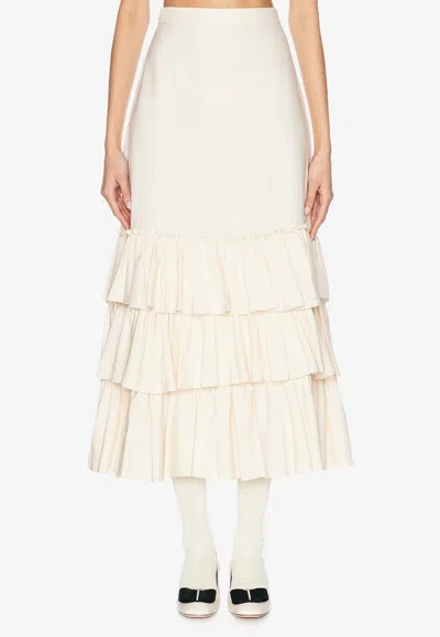 Valentino Shantung Ruffled Midi Skirt In Cream