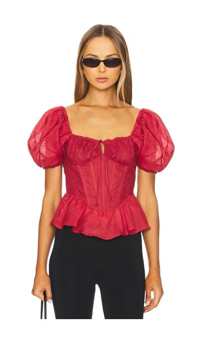 Bardot Esra Puff Sleeve Ramie Corset Top In Fire Red