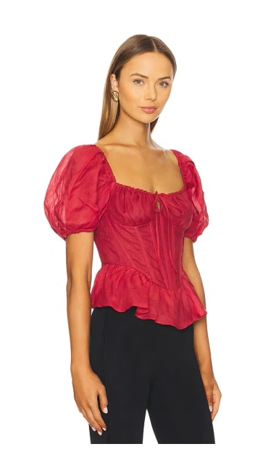 Bardot Esra Puff Sleeve Ramie Corset Top In Fire Red
