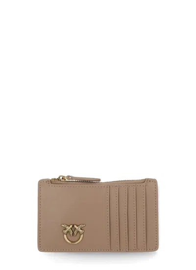 Pinko Zipped Chevron-patterned Card Holder In Beige