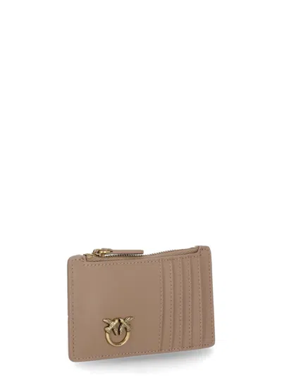 Pinko Zipped Chevron-patterned Card Holder In Beige