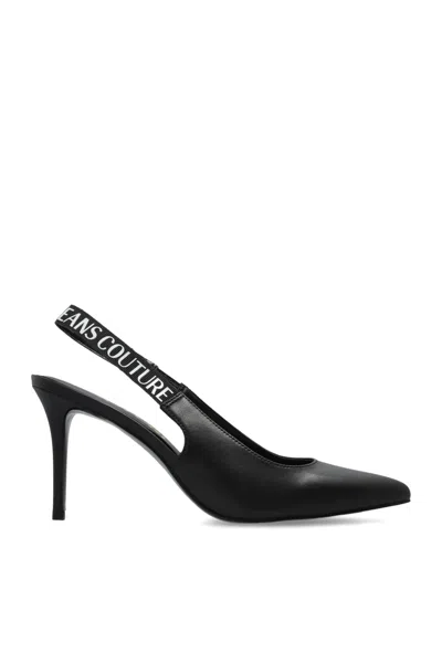 Versace Jeans Couture Black Logo Scarlett Slingback Heels In Black