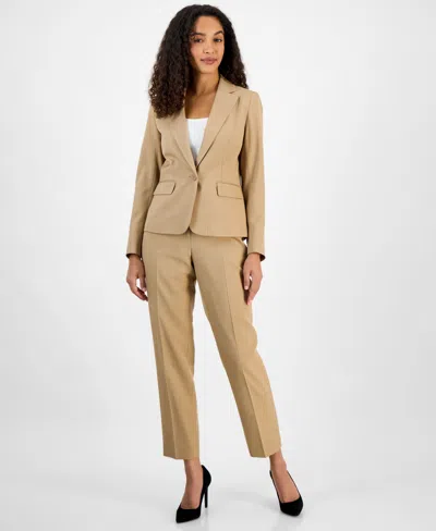 Le Suit Women's Pinstriped Notch-collar One-button Jacket & Straight-leg Mid-rise Pants Set, Regular & Petit In Praline,white