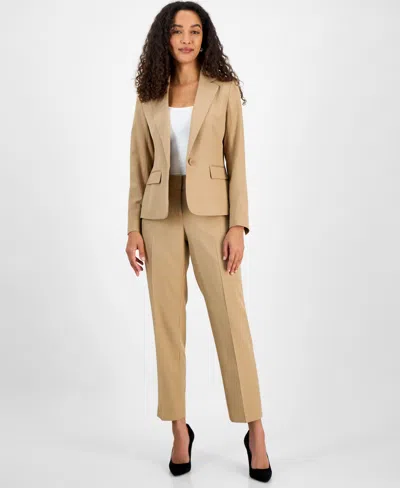 Le Suit Women's Pinstriped Notch-collar One-button Jacket & Straight-leg Mid-rise Pants Set, Regular & Petit In Praline,white