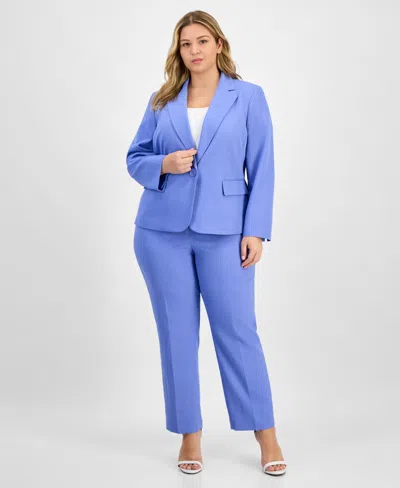 Le Suit Plus Size Pinstriped Notch-collar One-button Jacket & Straight-leg Mid-rise Pants In Periwinkle,white