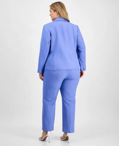 Le Suit Plus Size Pinstriped Notch-collar One-button Jacket & Straight-leg Mid-rise Pants In Periwinkle,white