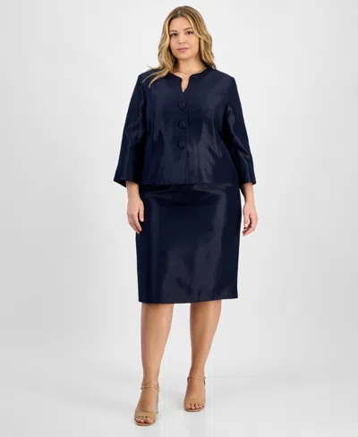 Le Suit Plus Size Collarless Three-button 3/4-sleeve Jacket & Slim Skimmer Skirt In Midnight Navy