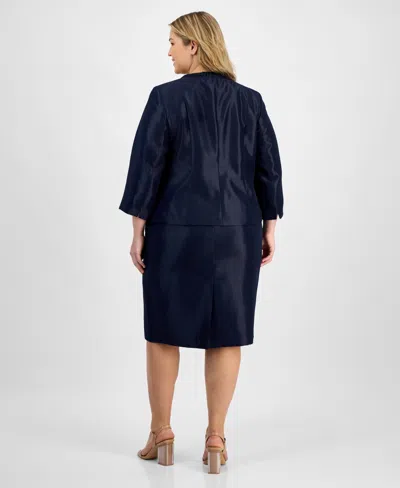 Le Suit Plus Size Collarless Three-button 3/4-sleeve Jacket & Slim Skimmer Skirt In Midnight Navy