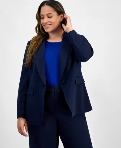 Tahari Asl Plus Size Single Button Crepe Blazer Wide Leg Pants In Deep Navy