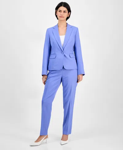 Le Suit Women's Pinstriped Notch-collar One-button Jacket & Straight-leg Mid-rise Pants Set, Regular & Petit In Periwinkle,white