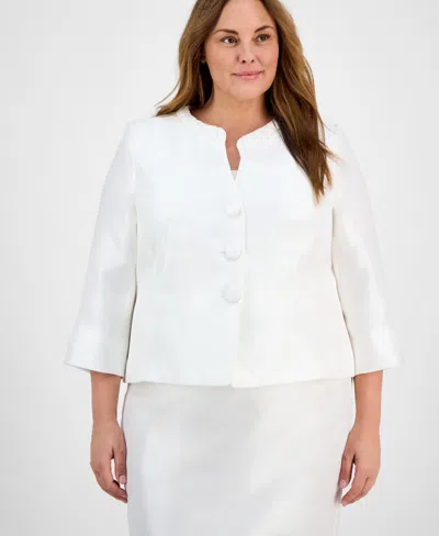 Le Suit Plus Size Collarless Three-button 3/4-sleeve Jacket & Slim Skimmer Skirt Set In Natural White