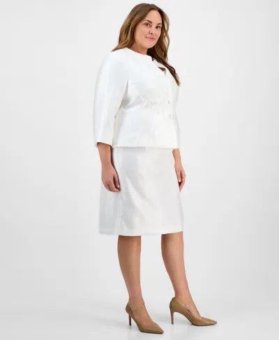 Le Suit Plus Size Collarless Three-button 3/4-sleeve Jacket & Slim Skimmer Skirt Set In Natural White
