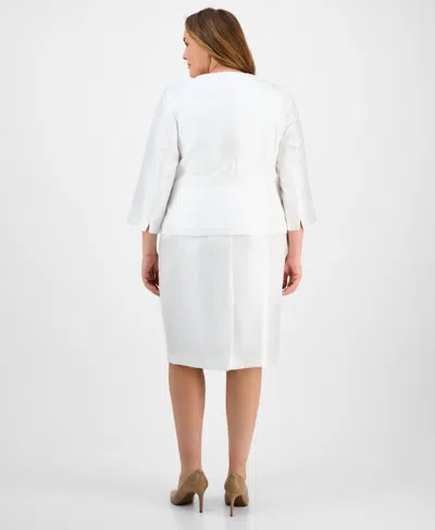 Le Suit Plus Size Collarless Three-button 3/4-sleeve Jacket & Slim Skimmer Skirt Set In Natural White