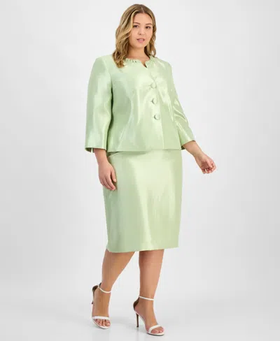 Le Suit Plus Size Collarless Three-button 3/4-sleeve Jacket & Slim Skimmer Skirt In Celery
