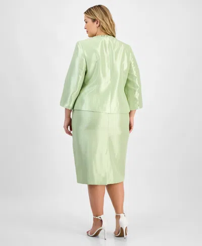 Le Suit Plus Size Collarless Three-button 3/4-sleeve Jacket & Slim Skimmer Skirt In Celery