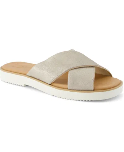 Toms Mae Crisscross Slide Sandal In Champagne Metallic Suede