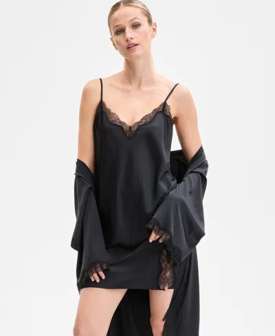 Inc International Concepts Women's Lace-trim Satin Chemise, Exclusively At Macy's In Black