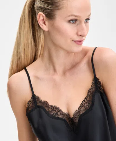 Inc International Concepts Women's Lace-trim Satin Chemise, Exclusively At Macy's In Black