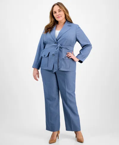 Le Suit Plus Size Two-button Belted Safari Jacket & Mid-rise Straight-leg Pants Set In Blue
