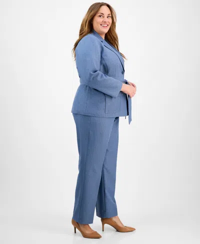 Le Suit Plus Size Two-button Belted Safari Jacket & Mid-rise Straight-leg Pants Set In Blue