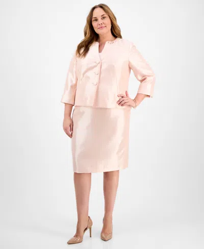 Le Suit Plus Size Collarless Three-button 3/4-sleeve Jacket & Slim Skimmer Skirt Set In Lt. Blossom