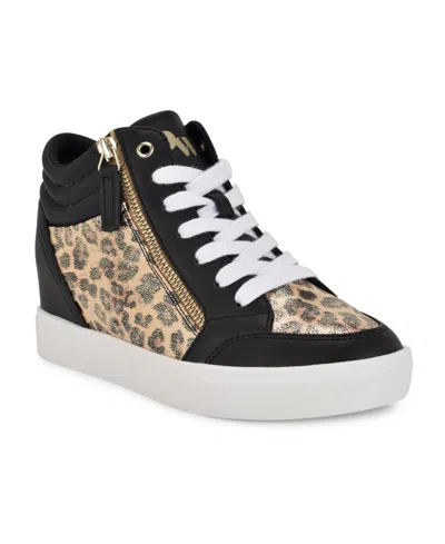 Nine West Women's Tons High Top Hidden Wedge Sneakers In Gold Shimmer Leopard