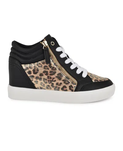 Nine West Women's Tons High Top Hidden Wedge Sneakers In Gold Shimmer Leopard