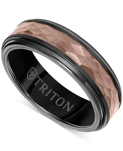 Triton Men's Two-tone Espresso Faceted Texture Wedding Band In Brown & Black Tungsten Carbide In Brown  Black