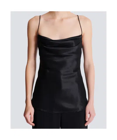 Balmain Sleeved Draped Satin Top In Black