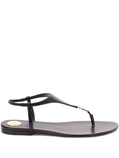 Saint Laurent Smooth Leather Cassandra Triangular Upper Flat Sandals Shoes In Black