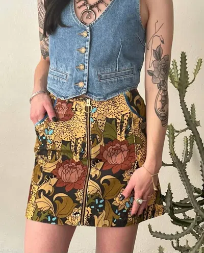 Classic Rock Couture Wild Child Corduroy Skirt In Cheetah Floral In Multi