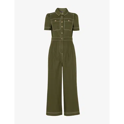 Whistles Omens  Della Button-up Short-sleeve Cotton Jumpsuit In Khaki/olive