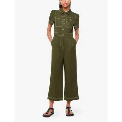 Whistles Omens  Della Button-up Short-sleeve Cotton Jumpsuit In Khaki/olive