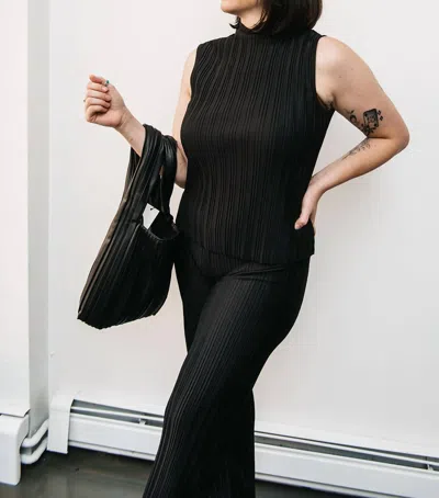 Black Tape Mockneck Pleated Top In Black In Black