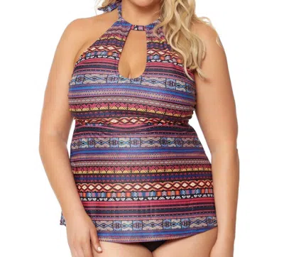 Jessica Simpson Queen Plus Size High Neck Keyhole Tankini Top In Cherokee In Multi