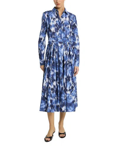 Michael Kors Collection Watercolor Floral Long Sleeve Cotton Poplin Midi Shirtdress In Riviera/optic White