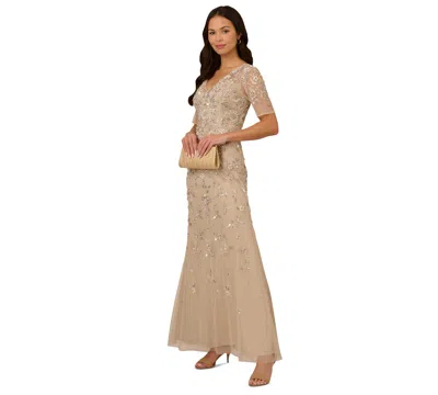Adrianna Papell Women's V-neck Beaded Short-sleeve Mesh Gown In Biscotti