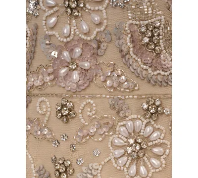 Adrianna Papell Women's V-neck Beaded Short-sleeve Mesh Gown In Biscotti